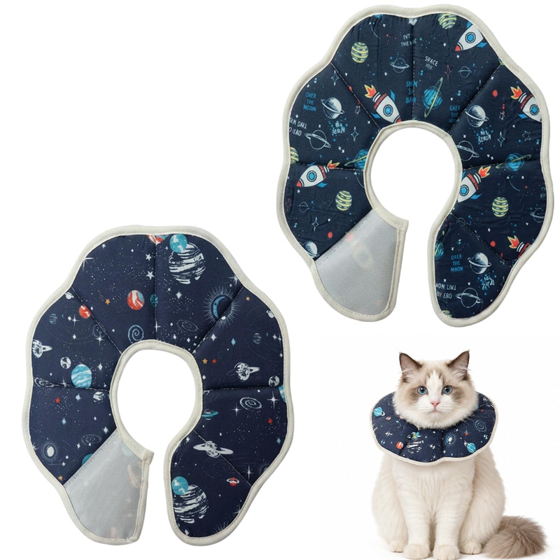 2-Pack Cat Collars with Leak Protection, Soft Neck Brace for Cats (Planets & Rockets), Waterproof Protective Collar for Post-Surgery Cats and Small Dogs, Adjustable 13-25 cm