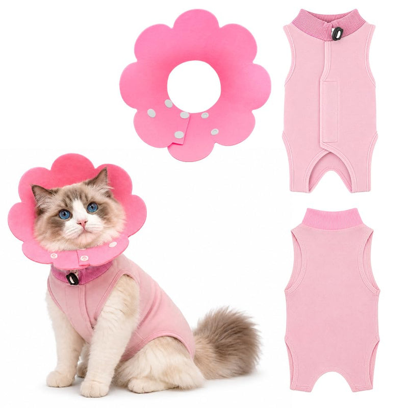 WALLFID Cat Surgical Body with Cat Neck Cone, Recovery Suit after Surgery for neutered, injured, sore-licking and skin-problem cats (M) M