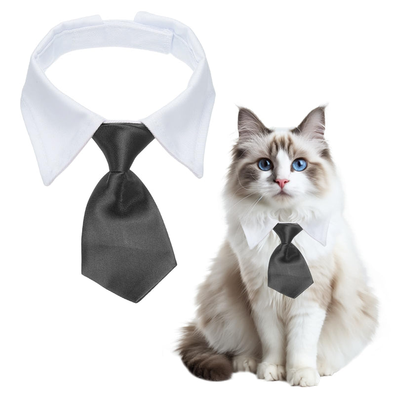 QUARKZMAN Cat Dog Tie with Collar Cute Tuxedo Bow Tie with Handmade Adjustable White Collar Formal Cat Tie (Pure Black S) Suitable