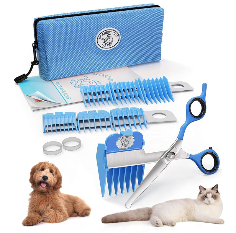 SCAREDY CUT Silent Pet Grooming Kit for Dog, Cat and All Pet Grooming - A Quiet Alternative to Electric Clippers for Sensitive Pets (Right-Handed Pink) (16 Count (Pack of 1)) 16pc Right-Handed Blue