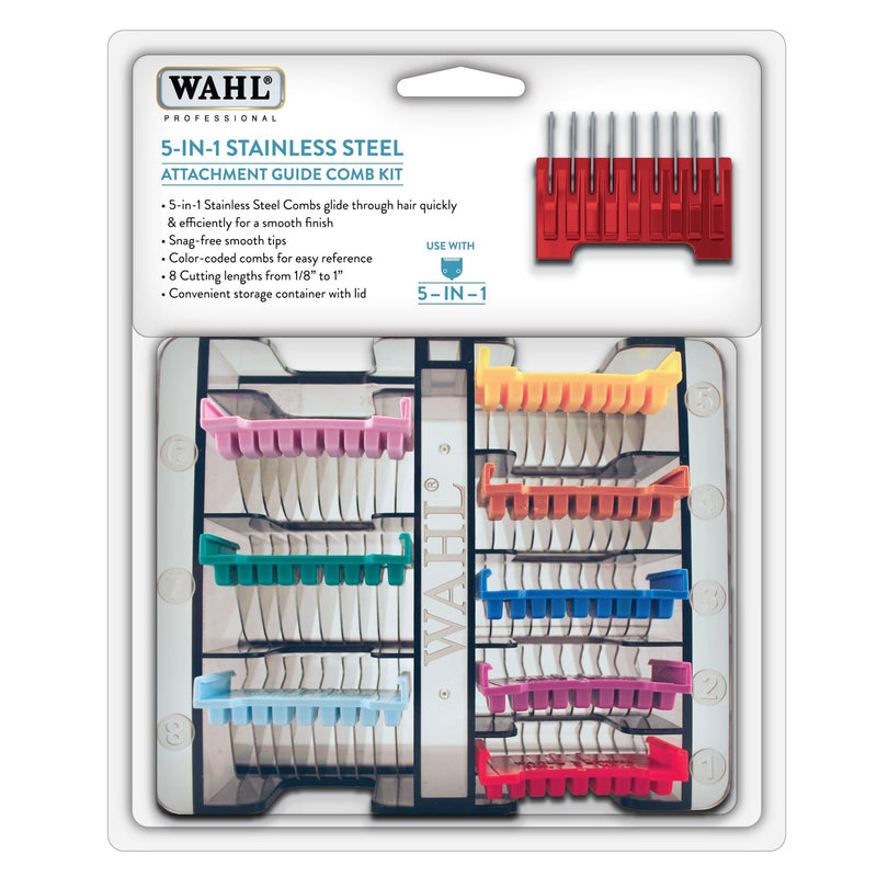 Wahl Stainless Steel Comb Set, Coloured Attachment Combs, For Wahl Arco, Belisima, Bravura and Chromstyle, Clipper and Trimmer Accessories, Storage Caddy Stainless Steel Comb Attachments