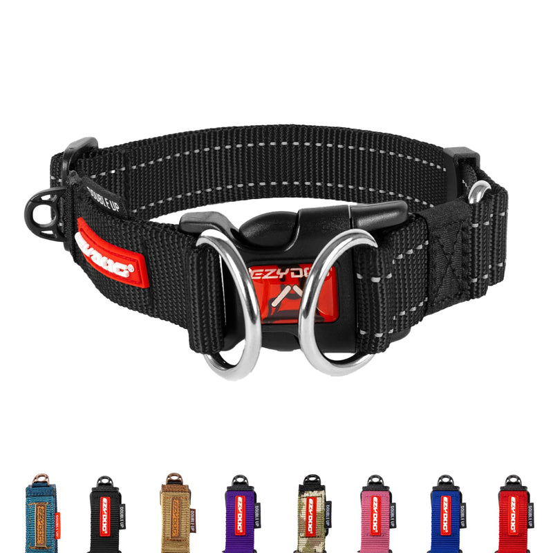 EzyDog Double Up Dog Collar - Reflective Dog Collar Medium with ID Tag D-Ring, For Small, Medium & Large Dogs - Supreme Comfort with Soft & Strong Nylon Webbing - Black Medium (29cm - 40cm)