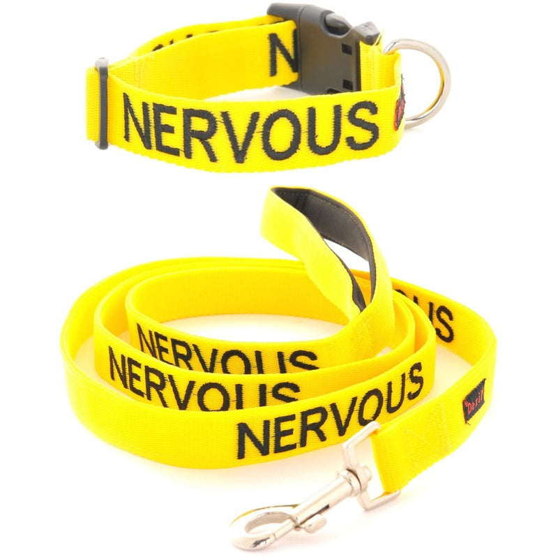 NERVOUS (Give Me Space) Yellow Colour Coded S-M L-XL Dog Collar and 60cm 1.2m 1.8m Luxury Neoprene Padded Handle Lead Sets PREVENTS Accidents By Warning Others Of Your Dog In Advance (S-M & 1.2m) S-M Collar & Standard 1.2m/48inch Lead - PawsPlanet Australia