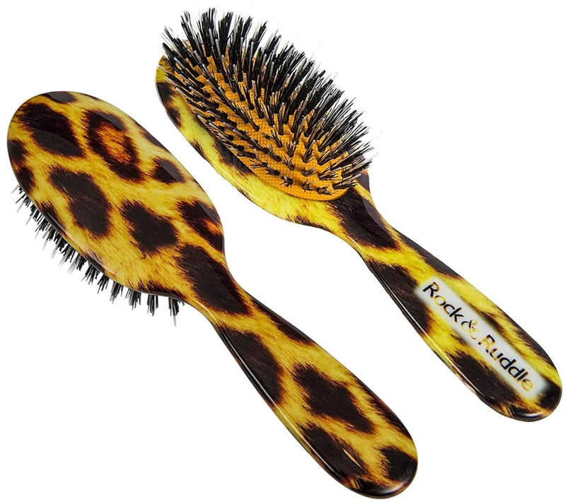 Rock & Ruddle Natural Mixed Boar Bristle Hair Brush for Women and Kids (Small/Travel Size, 17.5cm) - Perfect for Wet or Dry Hair, Detangling Smoothing Blowdrying - Made in UK - Leopard Print Design Brown