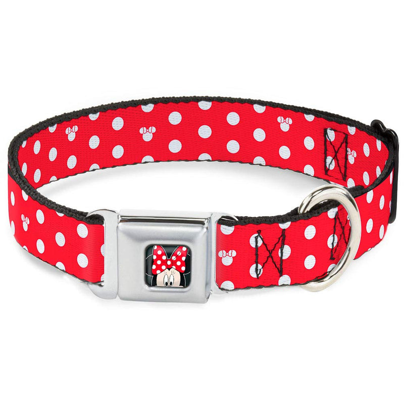Buckle-Down Seatbelt Buckle Dog Collar - Minnie Mouse Polka Dot/Mini Silhouette Red/White - 1.5" Wide - Fits 13-18" Neck - Small