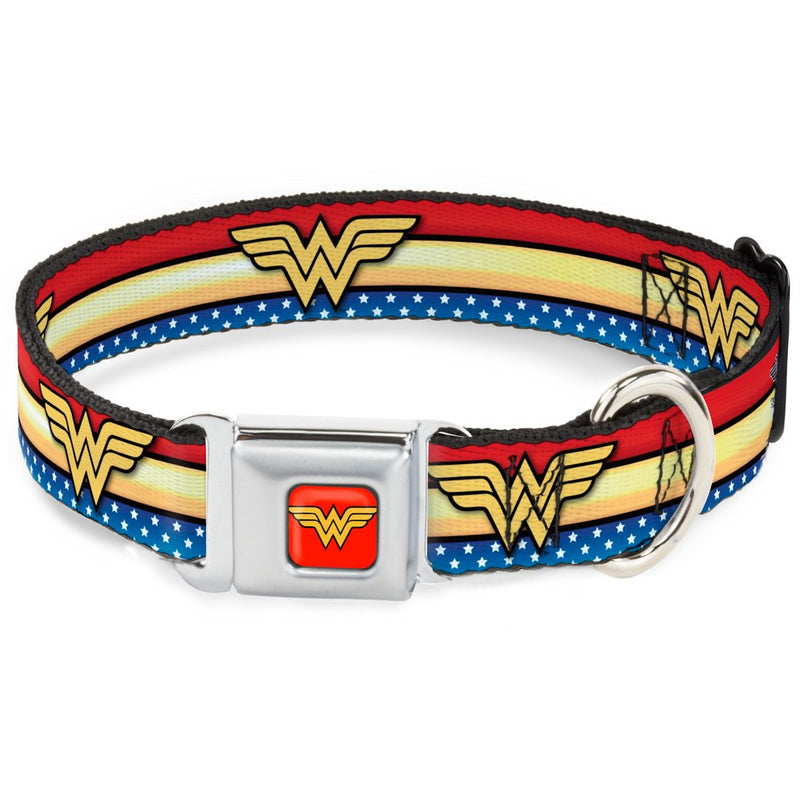 Buckle Down DC-WWW040-WS Seatbelt Dog Collar, Wide Small, Wonder Woman Logo Stripe/Stars Red/Gold/Blue/White (repeat WW logo) 1.5" Wide - Fits 13-18" Neck - Small Wonder Woman Logo Stripe/Stars Red/Gold/Blue/White (repeat WW logo) - PawsPlanet Australia