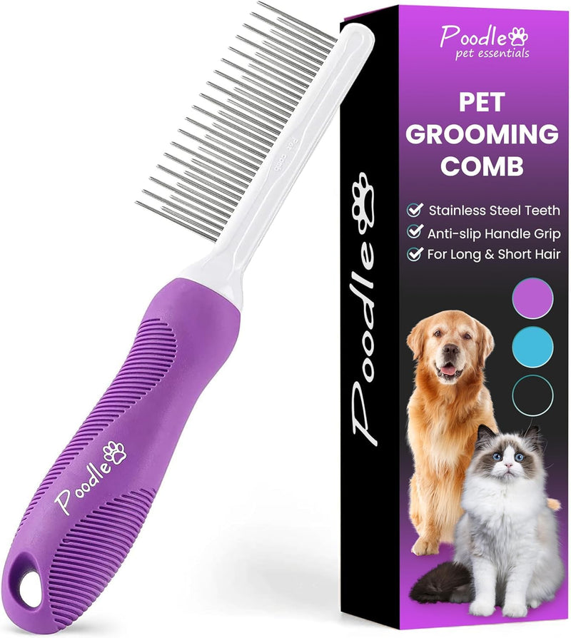 Poodle Pet Detangling Pet Comb for Dogs & Cats - Detangler Grooming Tool with Long & Short Stainless Steel Metal Teeth for Dematting Matted Fur, Combing Out Knots, Removing Tangles from Undercoat - PawsPlanet Australia