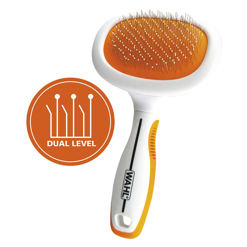 Wahl Premium Patented Dual Level Sensitive Skin Pet Slicker – Ergonomic handle makes Deshedding, Grooming and Brushing Comfortable for you and your Dog or Cat - 858500,Orange/White Large Dual Level Slicker