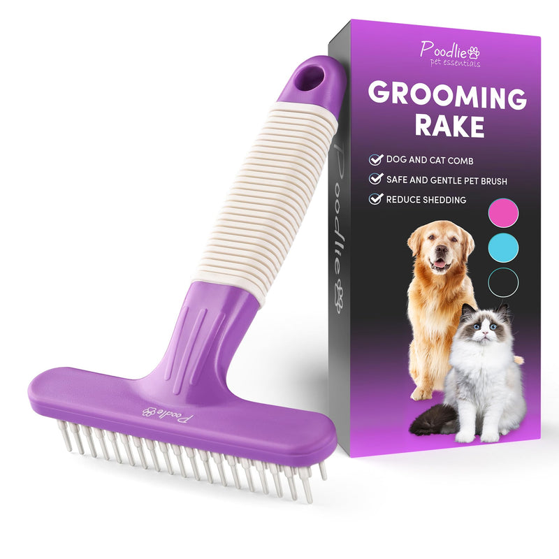 Poodle Pet Dog Grooming Rake| Dematting Tool with Stainless Steel Shedding Comb for Pets | 2 Rows of Pins Gently Remove Loose or Tangled Hair from Undercoat | Purple Handle - PawsPlanet Australia