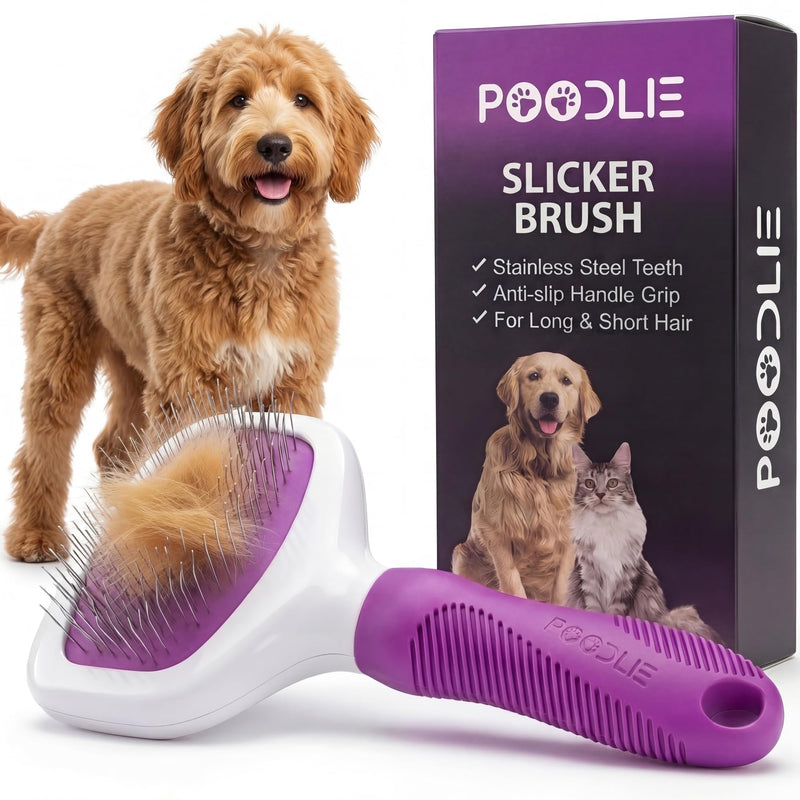 Poodle Pet Slicker Brush - Effortlessly Removes Tangles, Mats & Loose Hair | For Short or Long Hair | Purple