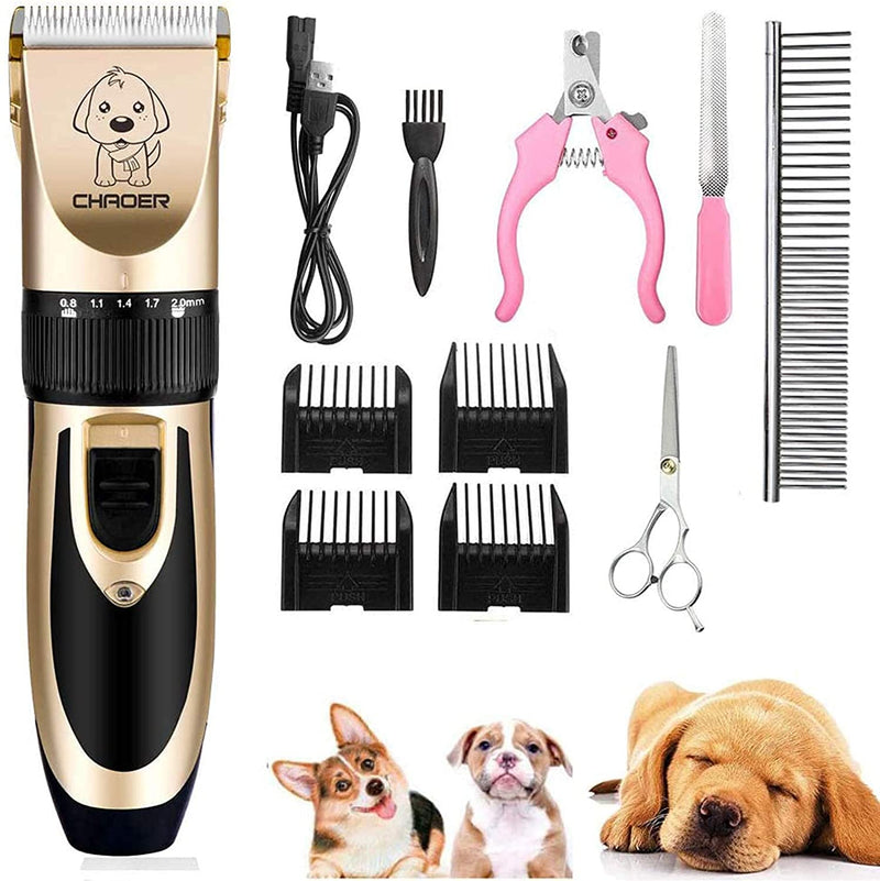Pet Dog Grooming Clippers - Rechargeable Low Noise Cordless Pet Clippers, Professional Dog Hair Trimmer Grooming Kit with 4 Guide Combs and Cleaning Brush Nail Kits for Dogs Cats Any Animals Gold-1 - PawsPlanet Australia