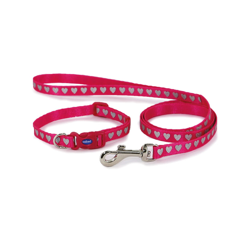 Ancol Small Bite Reflective Collar and Lead set for small dogs and puppies- Pink Hearts - PawsPlanet Australia