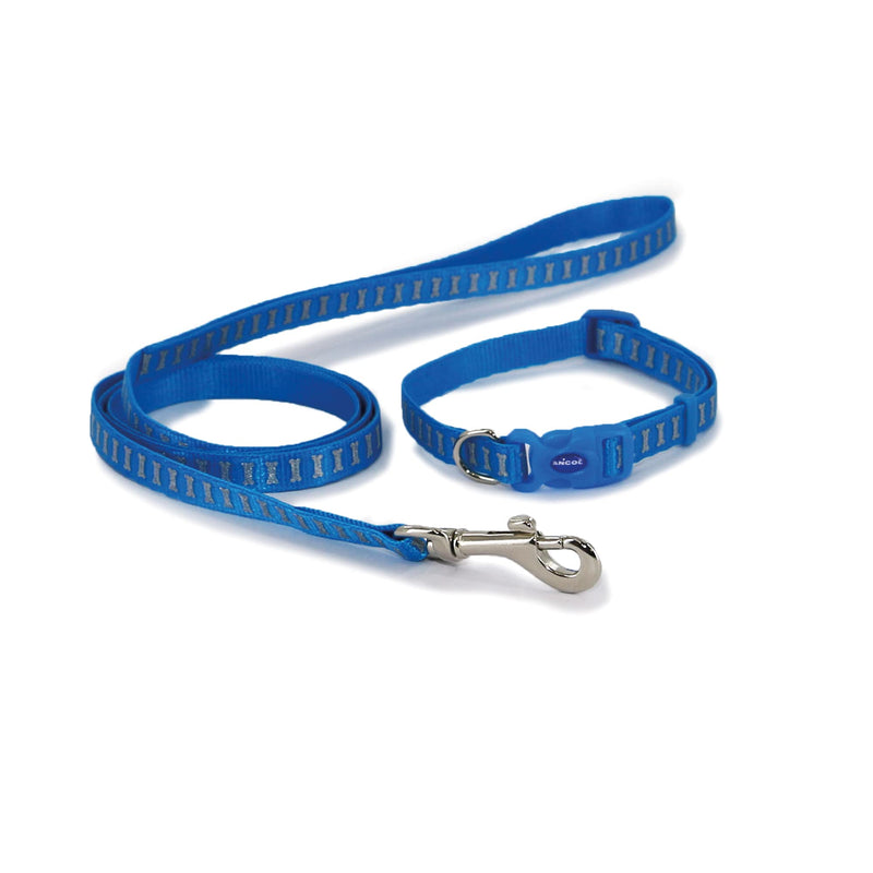 Ancol Small Bite Reflective Collar and Lead set for small dogs and puppies- Blue Bones One size - PawsPlanet Australia
