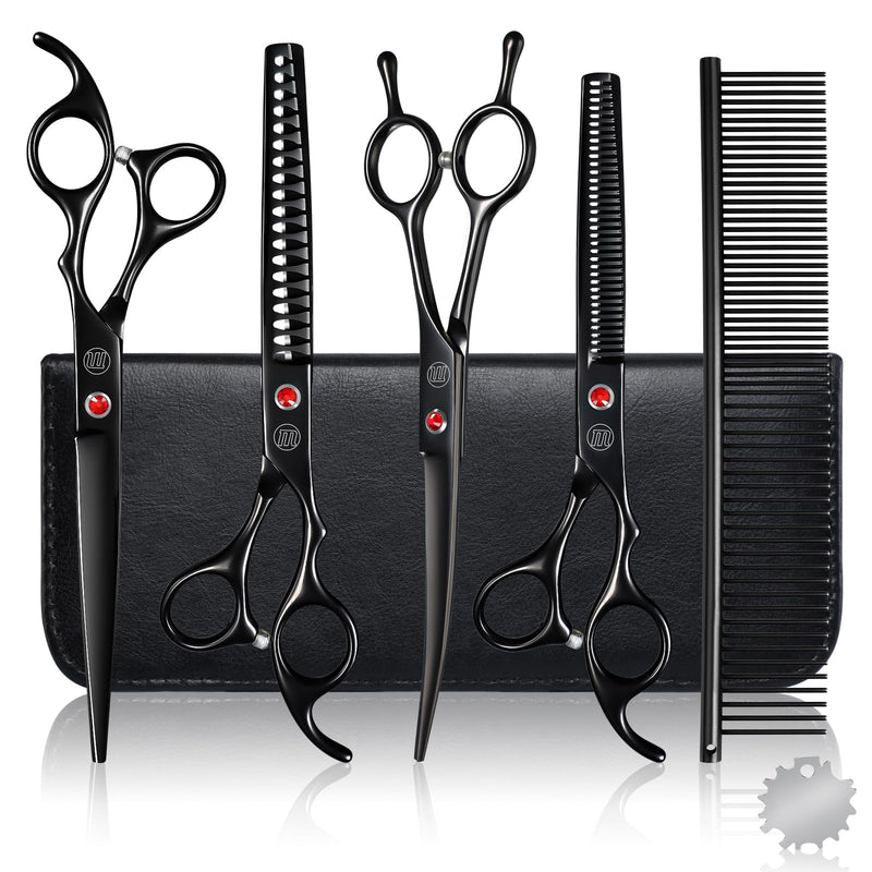 Moontay Dog Grooming Scissors Set Professional, 7 Inch Pet Grooming Scissors, 8 in 1 Straight, Curved, Thinning, Fishbone Scissors with Comb, Tension Adjuster, Cleaning Cloth and Storage Case, Black