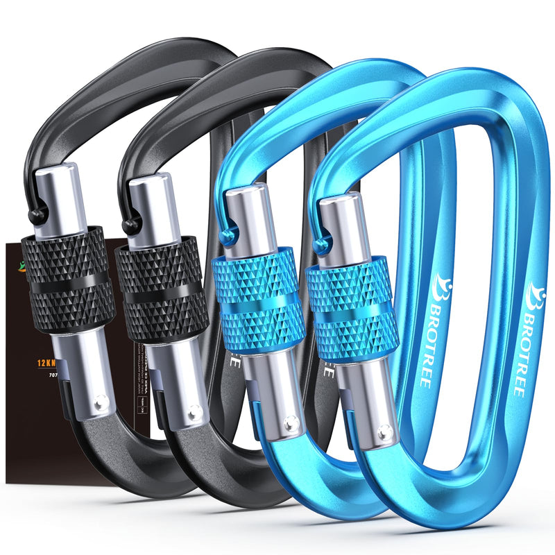 BROTREE Locking Carabiner Clips 12KN (1200 kg) Heavy Duty Carabiners for Hammock, Camping, Hiking, Backpack and More (2 or 4 Packs) Locking 4 x Black2Blue2