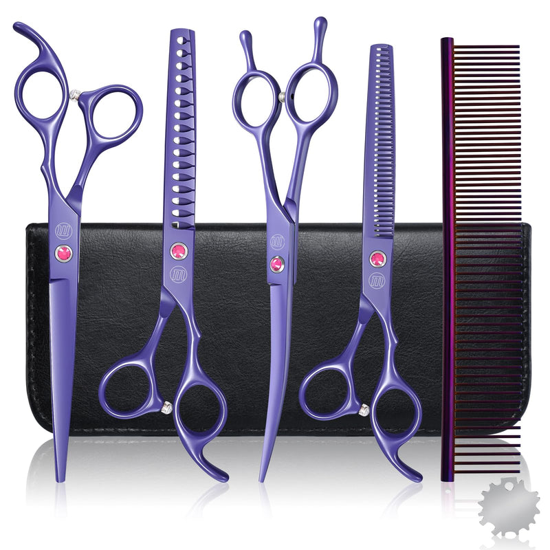 Moontay Dog Grooming Scissors Set Professional, 7 Inch Pet Grooming Scissors, 8 in 1 Straight, Curved, Thinning, Fishbone Scissors with Comb, Tension Adjuster, Cleaning Cloth and Storage Case, Purple
