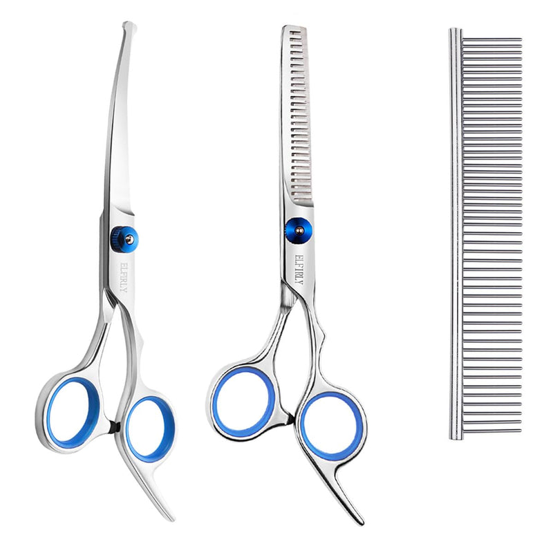 Dog Grooming Scissors Set with Safety Round Tip (2 Pack - Curved Scissors Thinning Shears for Grooming) Pet Grooming Shears with Grooming Comb for Dogs and Cats Blue - PawsPlanet Australia