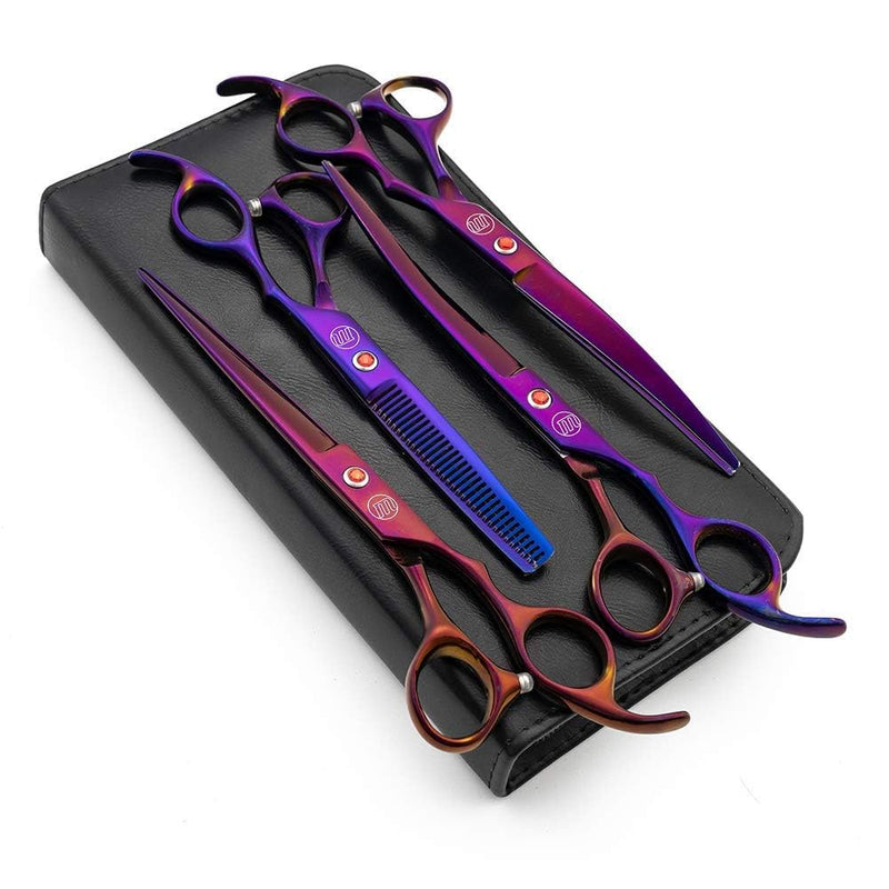 Moontay Professional 7.0" Dog Grooming Scissors Set, 4-Pieces Straight, Upward Curved, Downward Curved, Thinning/Blending Shears for Dog, Cat and Pets, JP Stainless Steel, Purple 7.0 inches - PawsPlanet Australia