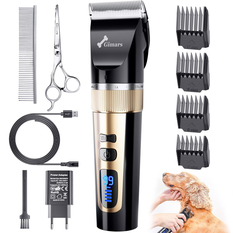 Gimars 3 in 1 Low Noise 7000 RPM Dog Clippers, Cordless Professional Dog Grooming Clippers Kit, Rechargeable Pet Shaver with Comb & Scissors for Dogs, Cats & Horse Thick Hair 3-in-1 clippers and scissors set Gold - PawsPlanet Australia