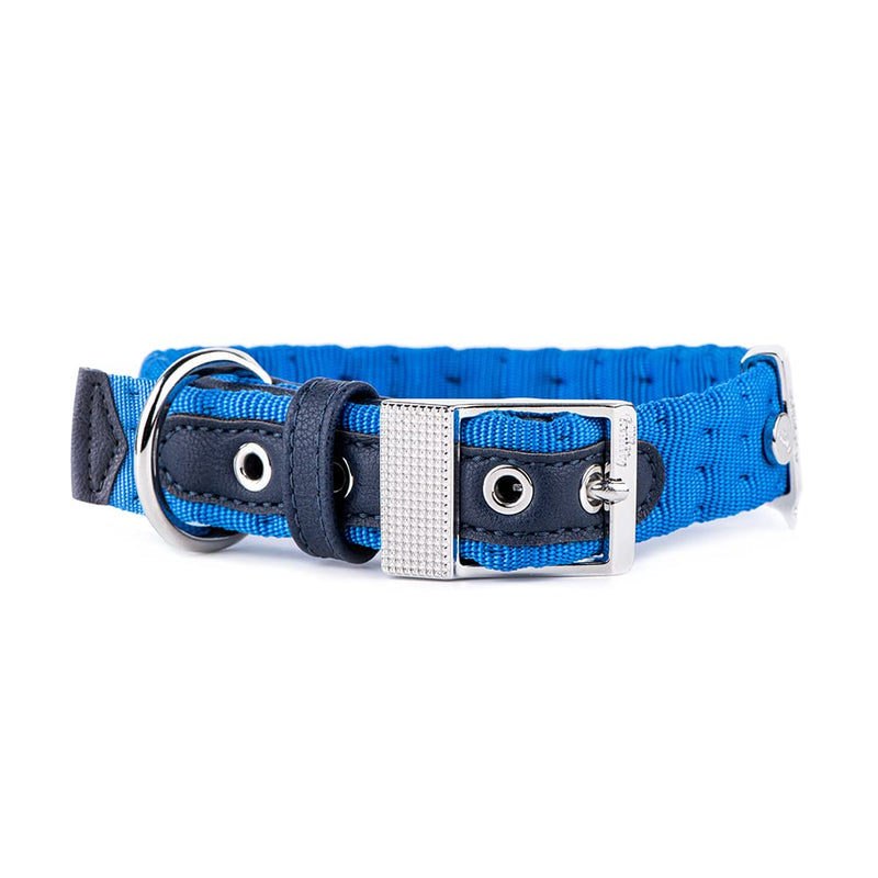 MyFamily Adjustable Dog Collar in Nylon Made in Italy, White Bronze Metallic Finish, Comfortable and Durable, Handmade, Milan Collection Light Blue 49-59 cm
