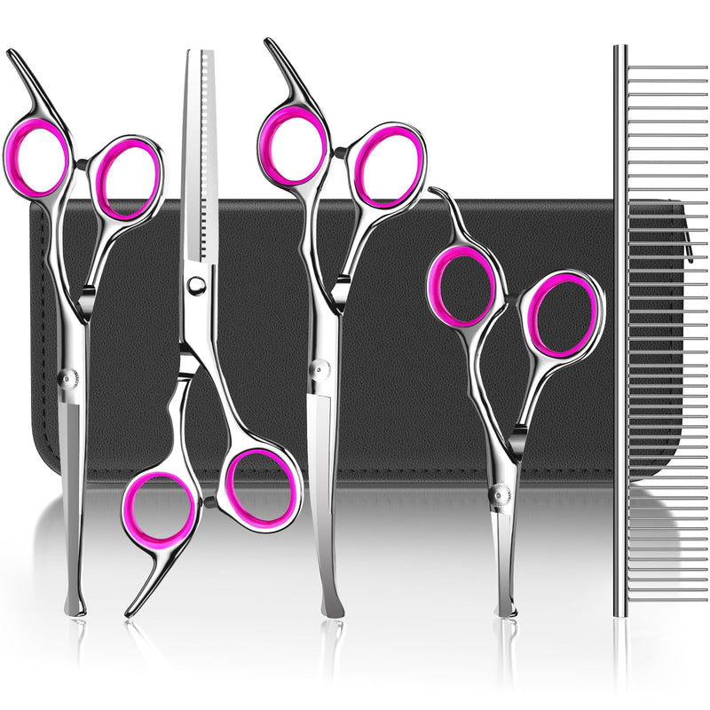 Pawaboo 5-Piece Professional Dog Grooming Scissors Set, Pink, Japanese Style, Stainless Steel with Titanium Coating
