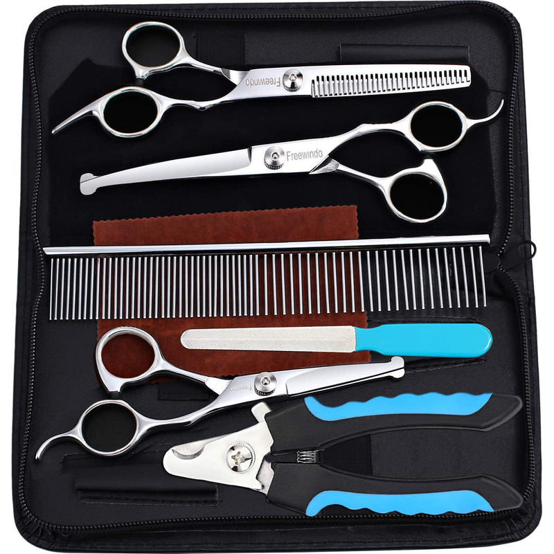 Freewindo Heavy-Duty Dog Grooming Scissors Kit, Safety Round Tip, Stainless Steel Scissors and Nail Clippers for Grooming Full Body - PawsPlanet Australia