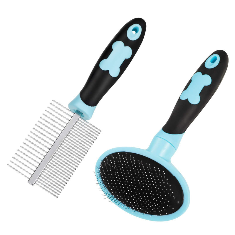 tonyg-p Dog Grooming Brush Comb Kit, Soft Slicker Brush + Double Sided Grooming Comb for Small Medium Large Pets with Long Hair (Blue) Blue