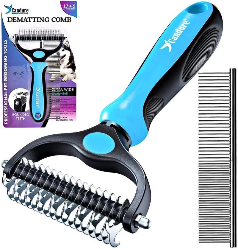 Candure Dematting Comb for Dog and Cat, Pet Grooming Rake and Brushes for Small, Medium & Large Dogs 17+9 Double Sided Deshedding Tool Removes Knots and Tangled Hair (Blue) Blue - PawsPlanet Australia
