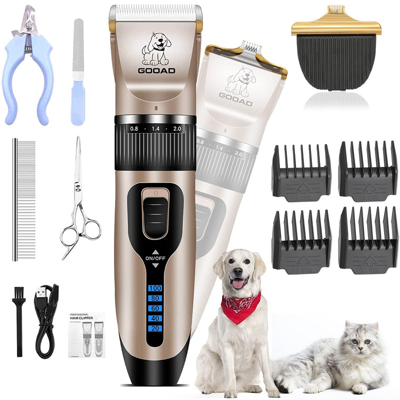 Dog Clippers Grooming Kit and Paw Trimmer,Cordless,Low Noise, Electric Quiet,Rechargeable, Dog Trimmer Grooming Tool, Pet Hair Clippers for Thick Coats,Shaver for Small and Large Dogs&Cats Gold