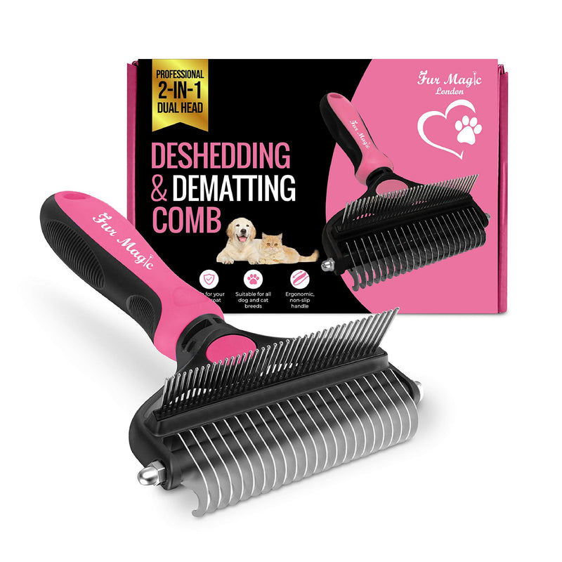 Fur Magic Deshedding and Dematting Comb Double Sided Undercoat Rake Pet Grooming Brush Removing Mats, Knots & Tangles for Dogs and Cats with Long and Medium Hair, Pink L - PawsPlanet Australia