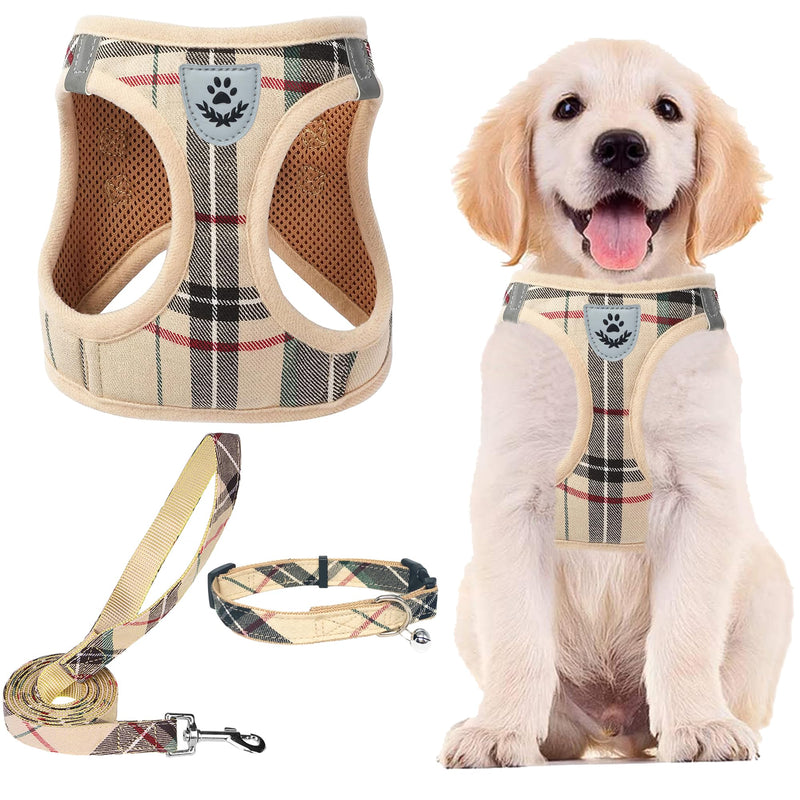 PUPTECK Dog Harness Small Dog with Collar and Lead Set Step-in No Pull Puppy Cat Harnesses for Daily Walking S: Chest girth: 36.8-40.6cm Collar: 20-30cm Beige (Plaid) - PawsPlanet Australia