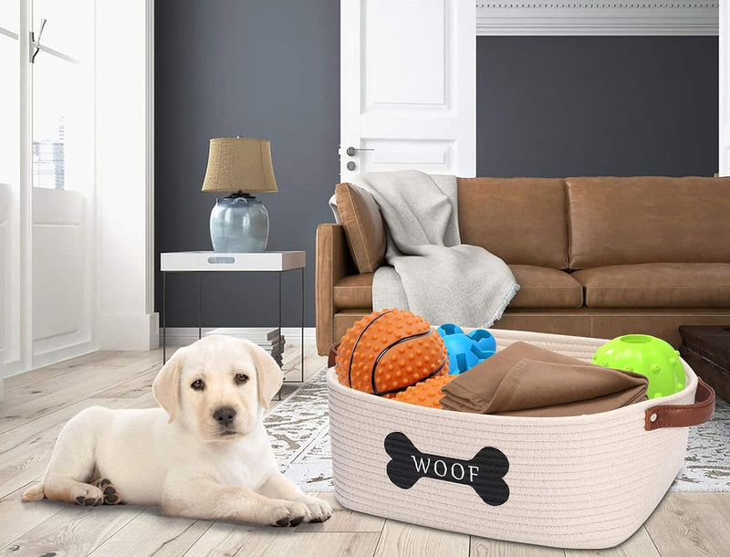 Cotton rope dog toy basket with handle,low front toy dog storage,pet toy box - Perfect for organizing small dog puppy toys,blankets,bone,leashes any stuff - White Gray - PawsPlanet Australia