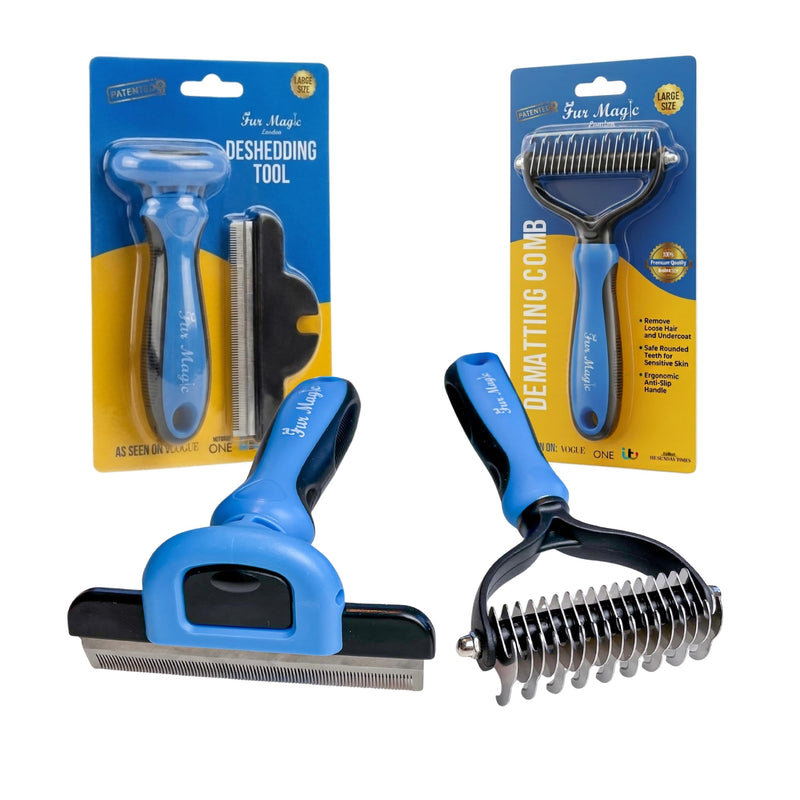 Fur Magic Deshedding Tool & Dematting Comb – Grooming Brushes for Dogs, Cats, Horses – Reduce Shedding and Remove Knots, Mats and Loose Undercoat, Large Size Large Bundle