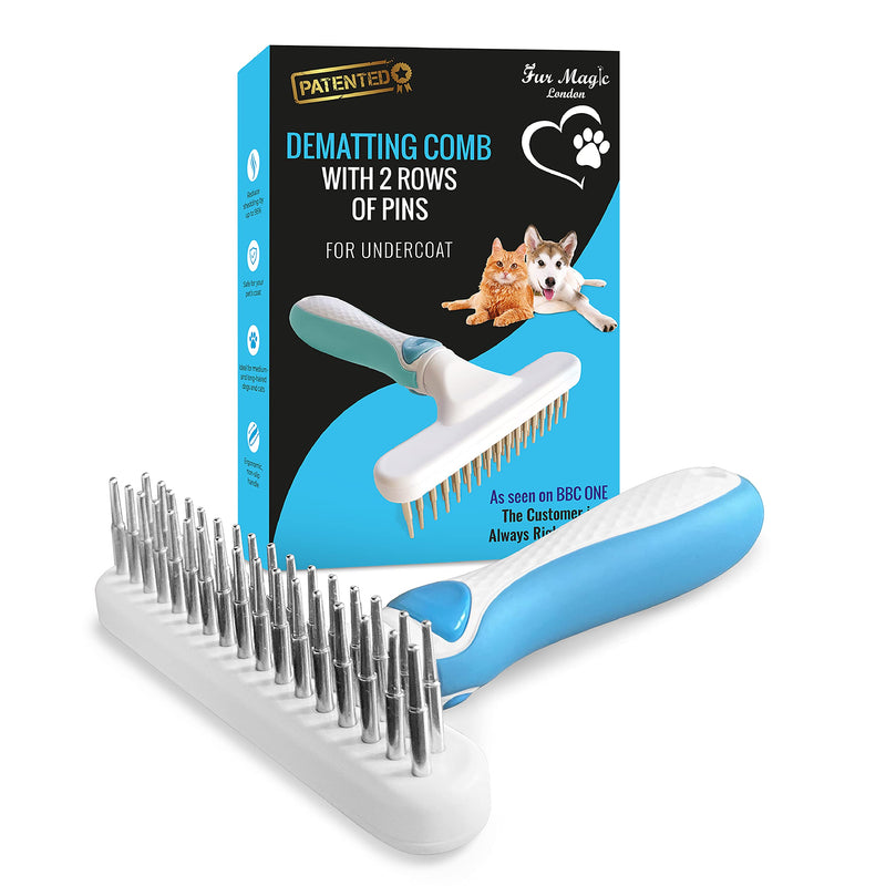 Fur Magic Dematting Comb for Dogs – Undercoat Brush for Dog Grooming - Double Row Stainless Steel Pins Dog Brushes for Shedding – Skin-Friendly and Safe Deshedding Tool for Dogs Dematting Rake