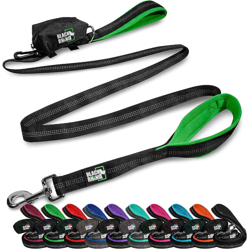 Black Rhino Dog Leash - Heavy Duty - Medium & Large Dogs | 6ft Long Leashes | Two Traffic Padded Comfort Handles for Safety Control Training - Double Handle Reflective Lead (Green) Green