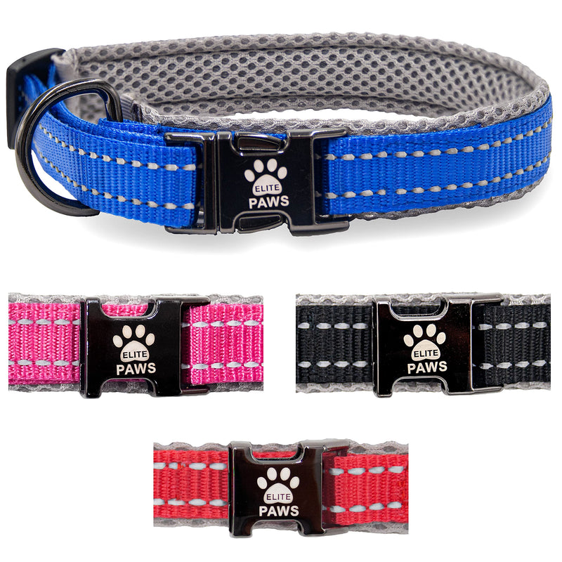 Elite Paws® UK: Premium Metal Buckle Dog Collar, Strong, Safe, Padded, Comfortable, Reflective, Adjustable, Secure Fit with Metal Lead Attachment, Puppy Walking/Training Product (50cm-55cm, Blue/Grey) Neck: 50cm-55cm