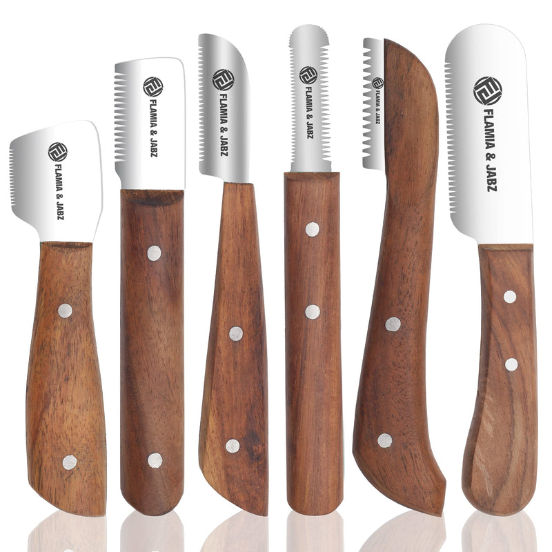 FLAMIA & JABZ Professional Stripping Knife kit (6 Pieces Set) for Dogs & Pets, Wooden Handle Grip with Stainless Steel Comb (Right Handed) (Rosewood) Multi-colored - PawsPlanet Australia