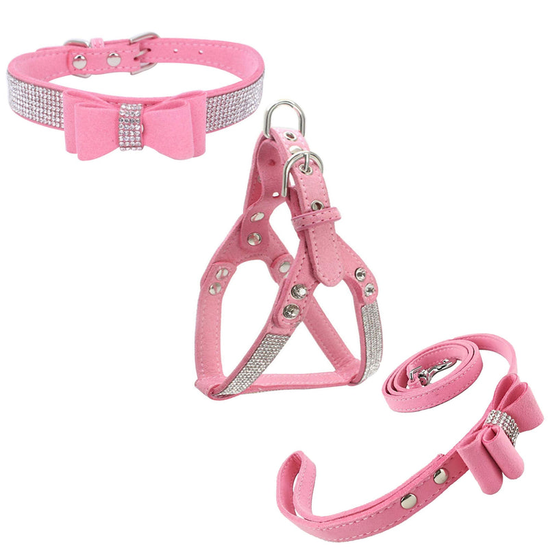 Bowtie Dog Collar & Harness & Lead Sets Comfortable Soft Puppy Collar Diamante with Harness and Leashes Set for Dog - Pink - S - PawsPlanet Australia