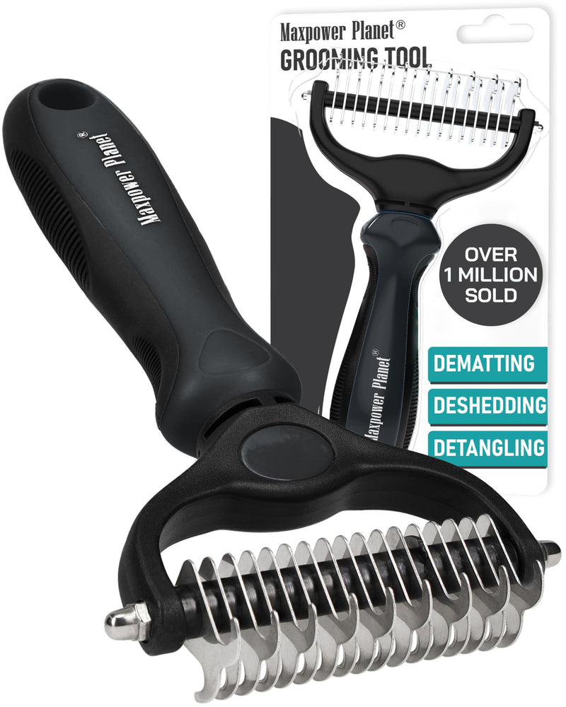 Maxpower Planet Dog Brush - Double Sided Deshedding Dematting Tool - Undercoat Rake, Long Haired Cats & Dogs - Black - PawsPlanet Australia