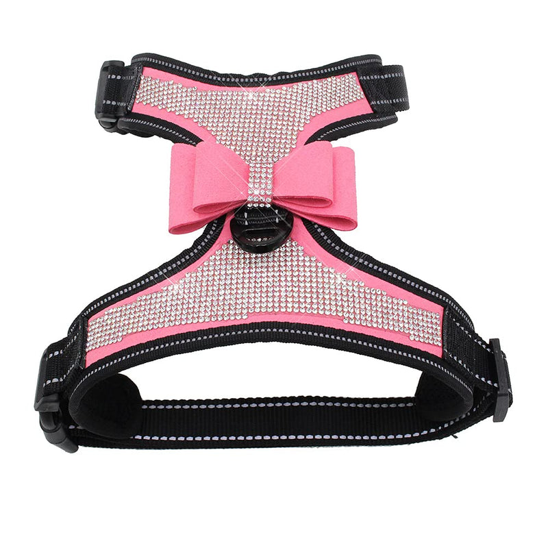 FUNAT Reflective Dog Harness with Rhinestone, Cute Bling Ties Pet Harness, Reflective Chest Strap with Shiny Bow L Pink