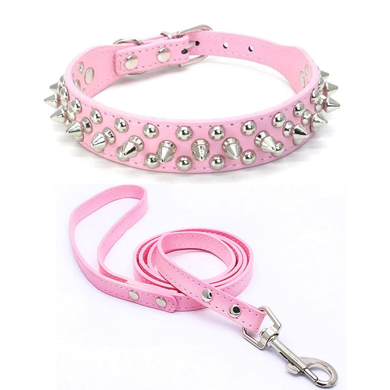 Spiked Leather Dog Collar Lead Set, Bullet Nail Rivet Dog Collar, Leather Dog Collar with Studs for Medium, Pitbull, English Bulldog (XXL, Pink)