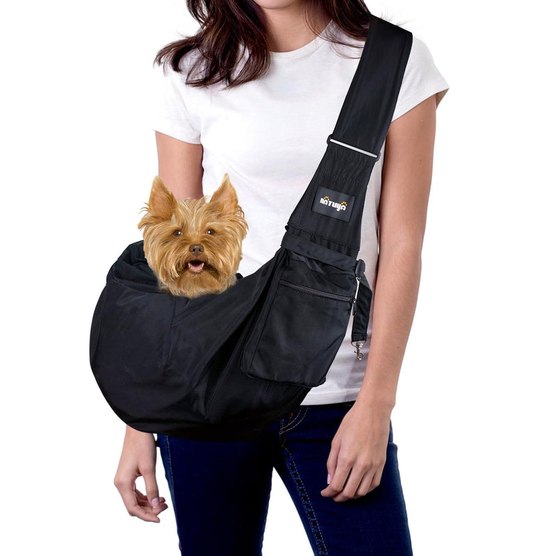 NATUYA Pet Sling Carrier Small Dog Slings Cat Carrier Bag Adjustable Strap Hands-free Sling Pet Dog Cat Carrier Bag with Front Zipper Pocket Safety Belt for Outdoor Traveling Subway (Black Waterproof) Black Waterproof Style