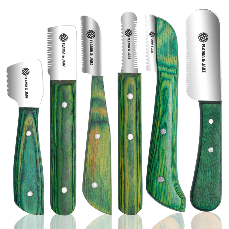 FLAMIA & JABZ Professional Stripping Knife kit (6 Pieces Set) for Dogs & Pets, Wooden Handle Grip with Stainless Steel Comb (Right Handed) (Green) Green - PawsPlanet Australia
