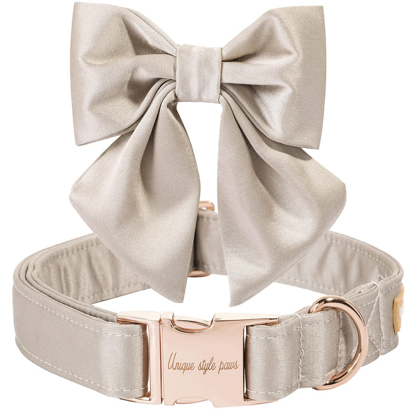 Unique Style Paws Silk Champagne Color Adjustable Durable Collar with Bow Wedding Bow Tie for Large Dogs L