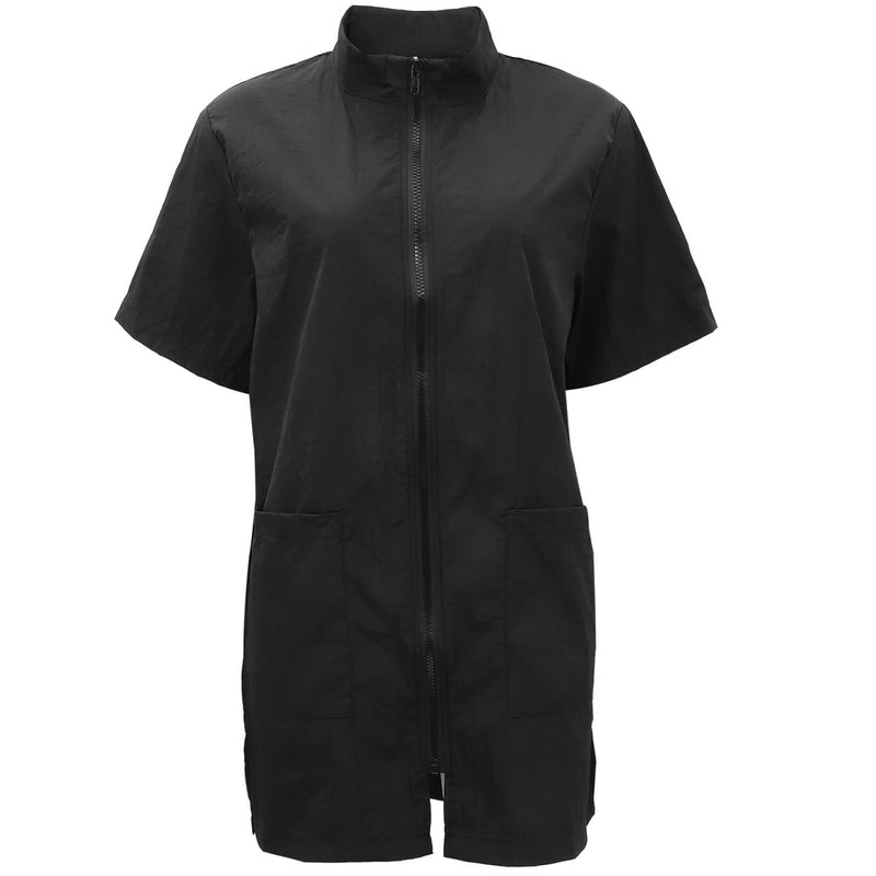 VILLCASE Black Dog Grooming Smock with Zipper, Short Sleeves Dog Grooming Tunic with 2 Pockets, Waterproof and Anti-static Pet Beautician Workwear Apron for Pet Shop Men and Women XL