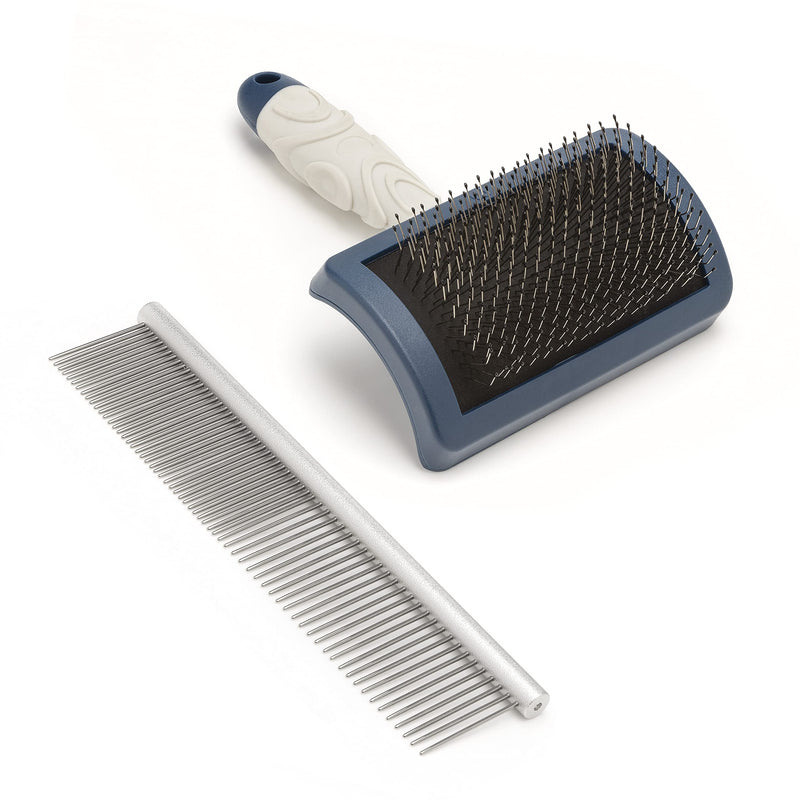 Mikki Dog Puppy Stainless Steel Comb and Hard Pin Slicker Brush, for Cockapoos, Labradoodles, Cavapoos and Golden Doodles - Starter Set 2pcs, Blue, Grey,Small Grooming Kit - PawsPlanet Australia