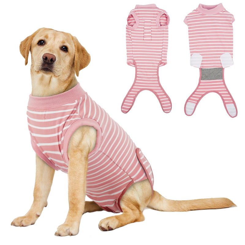 Dog Surgery Recovery Suit - Cotton Dogs Surgery Suit with Belly Pocket, Post Spay Dog Suits Fastening at Back End, Wound Protection Clothing After OP Body for Border Collie, Pink Stripe XL
