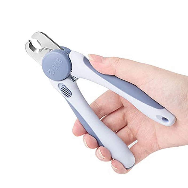 Professional dog nail clippers and cat trimmers with protective cover and safety lock, medium and large varieties, and a straight comb in blue