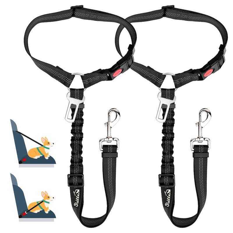 SlowTon 2 in 1 Dog Seatbelts for Cars UK, 2 Pack Pet Car Seat belt Headrest Restraint with Seatbelt Clip Puppy Safety Adjustable Dog Car Harness Belt with Anti-Shock Elastic Bungee Buffer for Vehicles Black 2-Dual Restraint