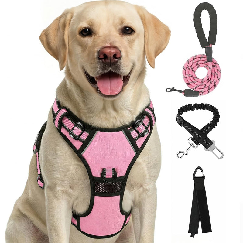 FURRYFECTION No-Pull Dog Harness Medium Dogs | French Bulldog Harness, Y-Shaped Reflective Oxford Vest with Padded Handle, Adjustable Straps & Front-Back Leash Clips, Training Collar and Lead Sets M Pink